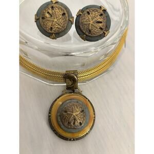Vintage PATRICE Resin/Brass Sand Dollar/Dolphin Mesh Necklace/Earring SET 1980s